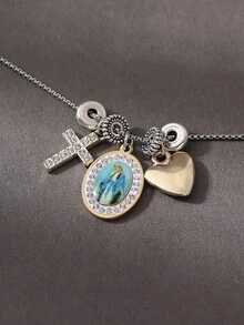 1 件经典时尚水钻镶嵌圣母玛利亚耶稣十字架和心形串珠项链，不锈钢休闲、派对、弥撒、聚会服装，适合女士 - 銀色 - 查看 16