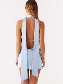 Women's Sleeveless Halter Backless Mini Dress Deep V Neck A-Line Casual Party Short Dresses,With Scarf - Màu xanh lam - Xem 2