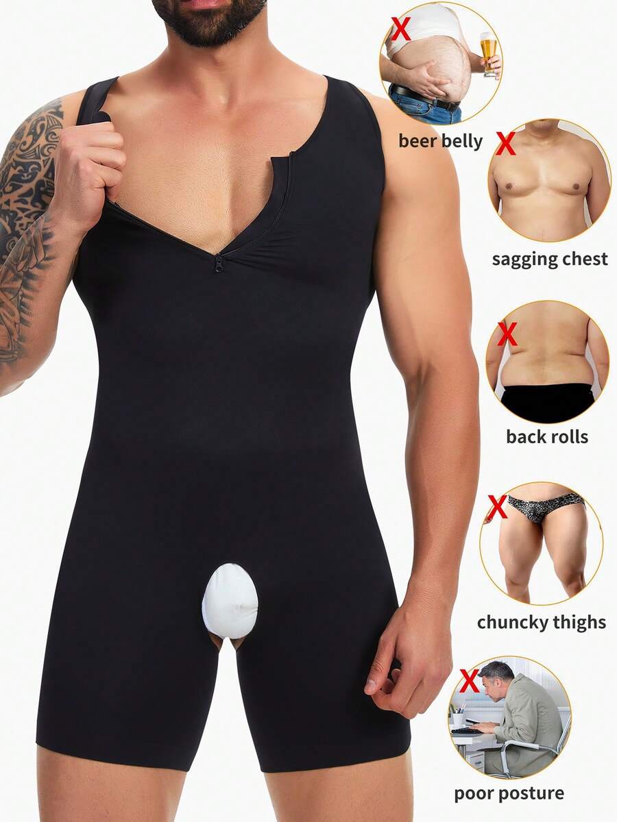 Men Shapewear Tummy Control Firm Full Body Shaper Slimming Bodysuit Thigh Slimmer Back Chest Belly Compression Shirts Underwear Faja Para Hombres - 黑色 - 查看 1