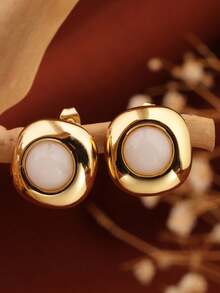 1 Pair 18K Gold-Plated Stainless Steel Geometric Oval Cat Eye Stone Earrings, Elegant Personalized Versatile Accessories, Suitable For Women's Party, Daily Wear, Gift For Girlfriend - Gold - View 5