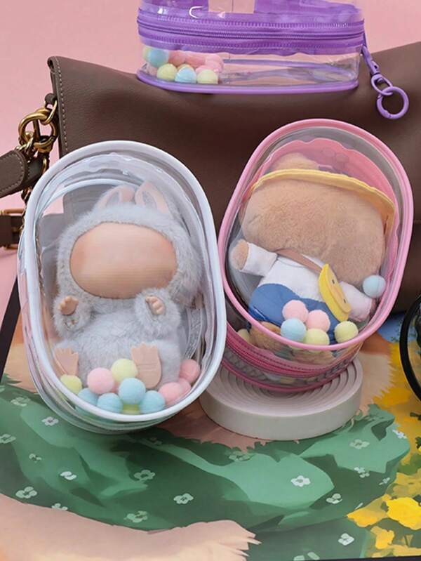 1 pieza Bolsa de almacenamiento de muñeca de peluche - Funda protectora contra el polvo de PVC transparente de 15 cm, adecuada para accesorios de fiesta sentada de segunda generación, expositor de muñeca de caja ciega, almacenamiento de muñeca Kpop, portador de muñeca anime, excelente para viajes al aire libre (muñeca no incluida), mochila de color de peluche aleatorio para la escuela