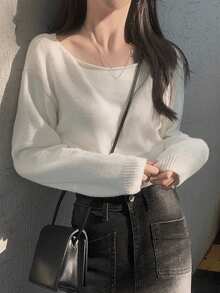 女士百搭纯色长袖套头衫 - 白色 - 查看 1
