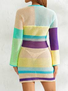Women Crochet Knit Mini Dress Bikini Cover Up Colorful Striped Long Sleeve See Through Mesh Cover Ups Summer Coverups Beach Wear - Yellow - View 7