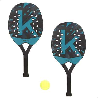 Aktive Set palas playa 3 piezas con pelota y bolsa, palas de plástico resistente, diseño perforado, mango antideslizante, ideal para juegos en la playa o parque, juego de raquetas, jugar al aire libre ✅ Entrega 24/48h a España (península)