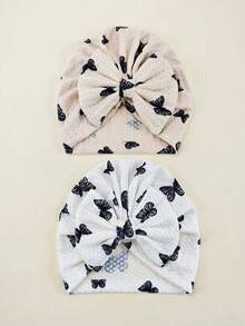 2pcs Newborn Baby Waffle Print Headband Hat, Baby Bow Beanie, Infant Headwear 0-6 Months - Multicolor - View 10