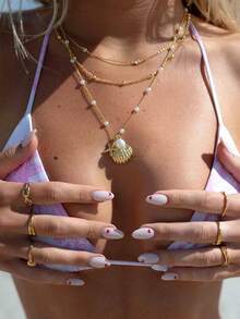 3-In-1 Shell, Starfish & Pearl Necklace Set (), Alloy + Copper Plated Iron Chain, Gold Color - Yellow Gold - View 10