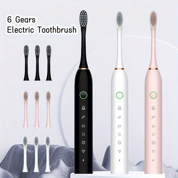 Smart Electric Toothbrush With Six Modes - Effectively Cleans Teeth And Gums, Rechargeable USB Electric Toothbrush With Replacement Brush Head For Adults, Available In Three Color Choices, Makes A Great Gift.