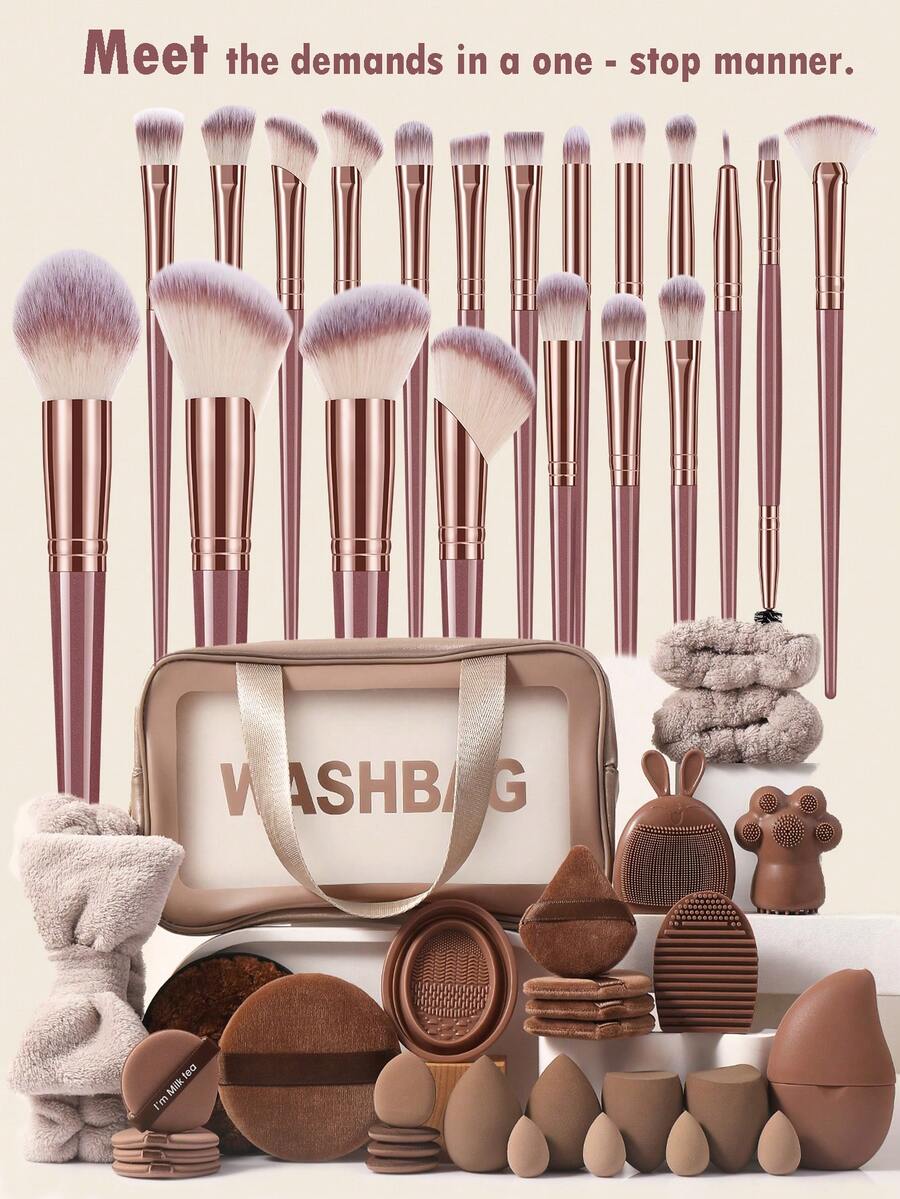 All-In-One ​51 Pcs Professional Makeup Tools Set & 20pcs Brushes Set With Makeup Brush Cleaner Bowl & Washbag Travel Toiletry Bags &Ice Mold For Face& Air Cushion & Makeup Puff Sponge Triangle & Round Loose Powder Puff &Makeup Sponge
