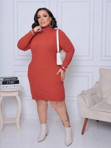 Women's Plus Size Dress Long Sleeve High Neck Elegant Premium Ribbed Fabric - Coral Pink - View 6