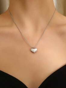 1pc Silver Plain Solid Heart Snake Bone Chain Stainless Steel Women Snake Bone Pendant Necklace, Minimalist & Fashionable