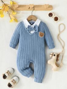 男婴小熊印花领蝴蝶结连体衣