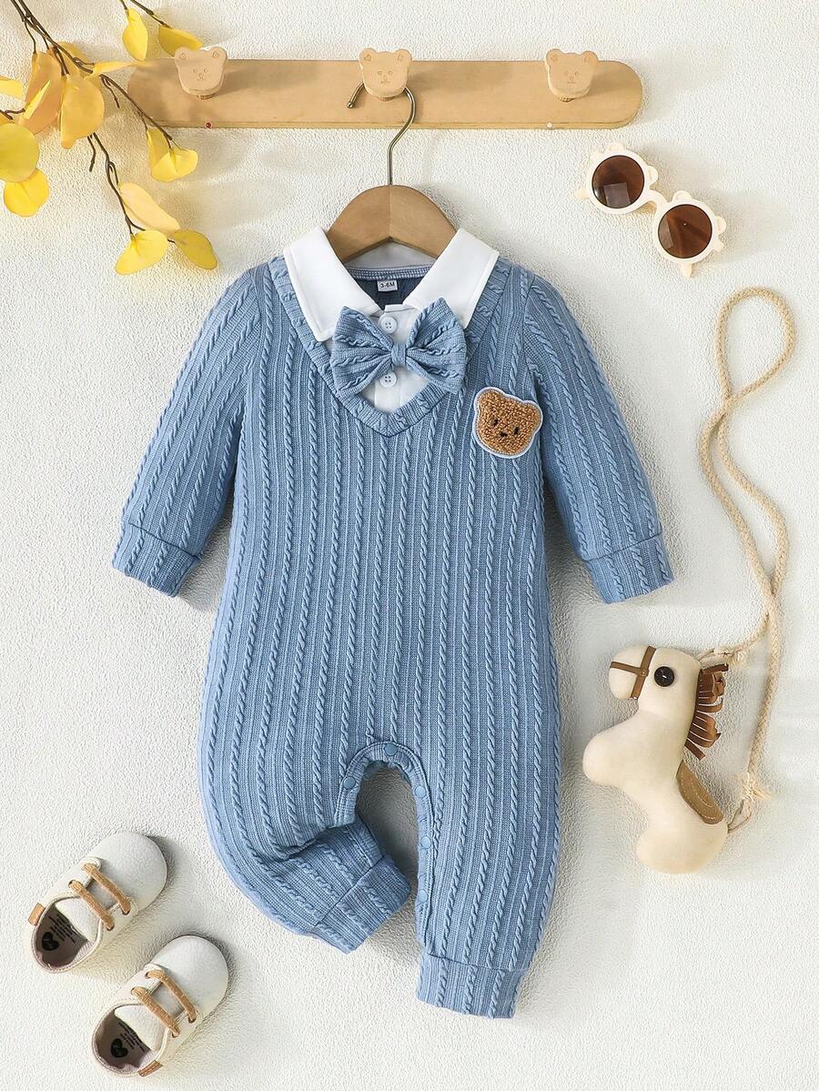 男婴小熊印花领蝴蝶结连体衣