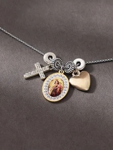 1 件经典时尚水钻镶嵌圣母玛利亚耶稣十字架和心形串珠项链，不锈钢休闲、派对、弥撒、聚会服装，适合女士 - 銀色 - 查看 14