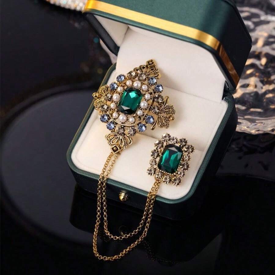 巴洛克宫廷风格水钻胸针，绿宝石镶嵌链条设计，复古英伦风格胸针背包，适合学校 - 彩色 - 查看 1