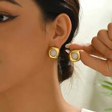 1 Pair 18K Gold-Plated Stainless Steel Geometric Oval Cat Eye Stone Earrings, Elegant Personalized Versatile Accessories, Suitable For Women's Party, Daily Wear, Gift For Girlfriend - Gold - View 6