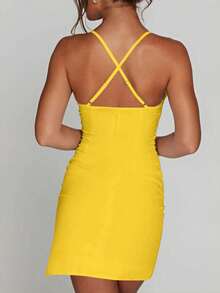 Women's Short Bodycon Crossover Cami Dress With Ruching And Slit, Suitable For Parties, Dates, Vacation And Various Occasions, Back To School Style - Yellow - View 6