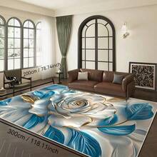 1Pc 3D Blue Rose Pattern Farman Velvet Area Rug With Silicone Bottom Non Slip And Stays In Place Polyester Rug For Porch Living Room Bedroom Terrace Balcony Home Decor Housewarming Gift Outdoor Carpet Back To School - Blue - View 13