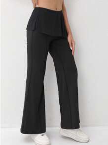 Women's Solid Color Ruffle Hem Mesh Flare Casual Sports Pants