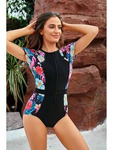 GRACE KARIN Women's Swimwear Rash Guard Short Sleeves Zip Front Round Neck One Piece Bathing Suit - Black Printed - View 2