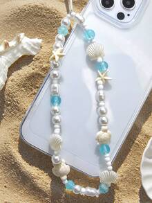 1pc Summer Vacation Style White Faux Pearl Starfish Shell Beaded Smart Phone Chain/Lanyard - Multicolor - View 5