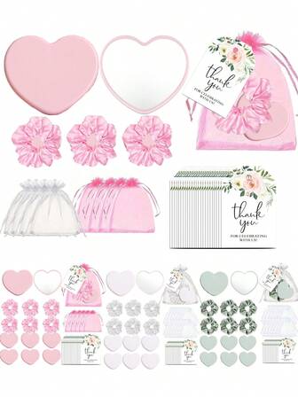 32/16/4pcs Wedding Party Heart Shaped Mirror Set, Wedding Guest Favor Gift Set, Heart Mirror Thank You Card With Organza Drawstring Bag, Bride's Gift Set, Bridesmaid Gift, Wedding Table Centerpiece Decor, Portable Makeup Mirror, Newlywed Gift Set, Souvenir Gift, Suitable For Birthday Party, Bachelorette Party, Spa Party