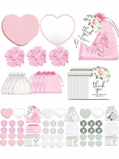 32/16/4件婚礼派对心形镜子套装、婚礼宾客回礼套装、心形镜子感谢卡（附欧根纱束口袋）、新娘礼品套装、伴娘礼物、婚礼餐桌中心装饰、便携式化妆镜、新婚礼品套装、纪念礼物，适用于生日派对、单身派对、水疗派对