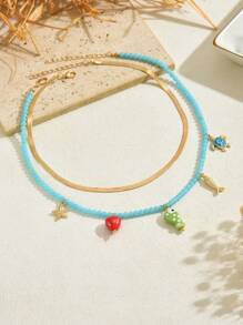 1pc Fashionable Beaded Starfish & Snake Chain Necklace Set, Casual To Party Jewelry For Women