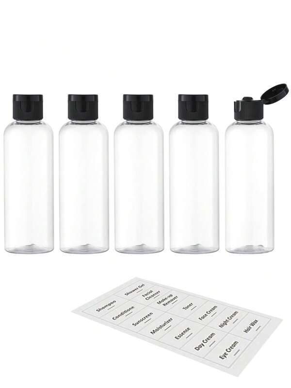 Botellas de viaje de 3,4 oz para artículos de tocador, set de 5 contenedores de viaje para champú aprobados por la TSA, botellas de plástico de tamaño de viaje vacías (100 ml, transparente)