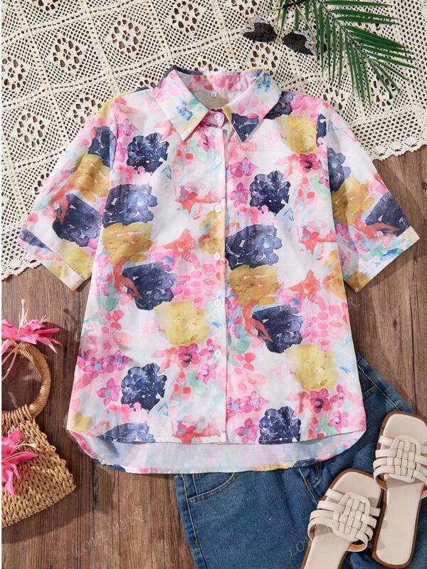 Blusa feminina de manga comprida com estampa retrô e gola abotoada e design artístico