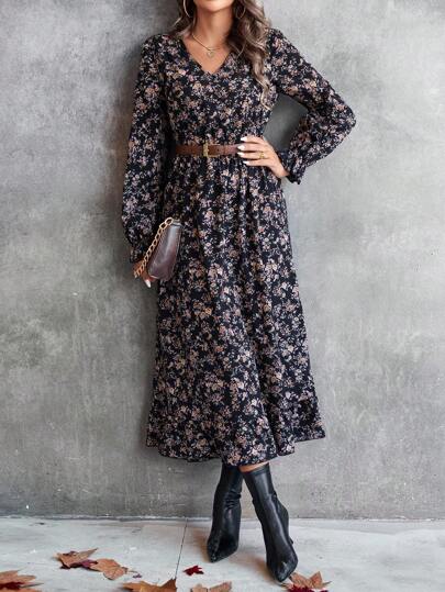 Vestido largo con cuello en V, manga larga, estampado floral y volantes/bajo con volantes, estilo bohemio, para mujer, otoño
