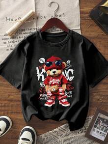 1 pezzo Maglietta a maniche corte con stampa di orso, adatta per ragazzi pre-adolescenti per l'estate - nero - Visualizzare 3