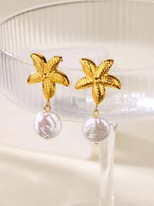 1 par de pendientes colgantes de acero inoxidable con forma de estrella de mar y concha para mujeres, con colgante de perla falsa, joyería de estética de verano para mujer