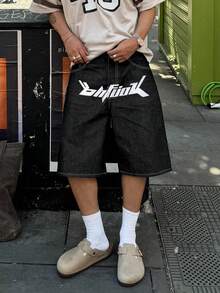 Bermuda Denim Shorts With Letter Print, Loose Fit Vintage Street Style Wide Leg Casual Jeans Shorts - Black - View 5