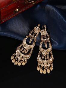 1 Pair Multilayered Earrings For Women, With Hollow Carving And Tassel Pendant Decor, Moroccan Jewelry Accessories