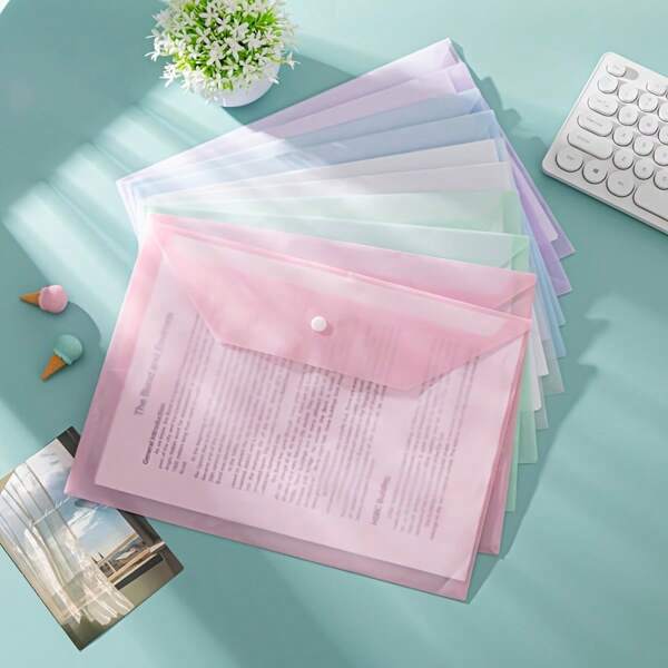 10/8/5pcs A4 Plastic File Bag - Thickened File Bag, Transparent Snap Data Student File Storage Bag, A4 File Bag, Pp Transparent Plastic Snap File Bag, Plastic File Bag, Macaron Color Waterproof Data Bag, Office Folder | Fashionable File Storage | Waterproof PP Material Suitable For Students And Office Use,Back To School,School Supplies