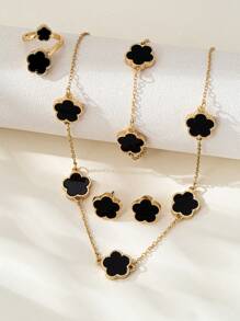 1 Set de Joyas de Flor de Trébol de Moda: Pulsera de Metal, Collar, Aretes, Anillo, Brazaletes, Elegante y Versátil para Mujeres