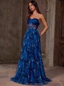 EVERLYL 花朵胸前褶皱全印花优雅派对网眼拉链网眼拼布抹胸连衣裙适合舞会约会派对生日派对周年纪念毕业派对正式晚宴婚礼宾客舞会返校派对舞台和音乐会夏季