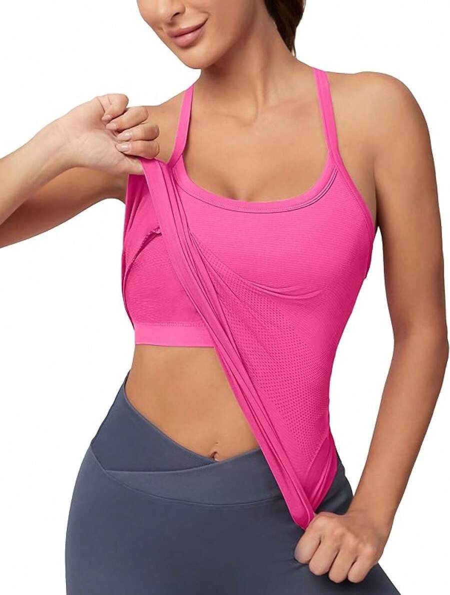 Workout Tops Women With Built In Bra, Sleeveless Gym Tops Seamless Racerback Athletic Yoga Shirts, Activewear - Peach Pink - View 1