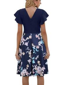 Women's Semi-Formal Ruffle Sleeve V-Back Work Fit And Flare Cocktail Knee Length Dress With Pockets, 2025 Style - Blue Floral - 查看 2