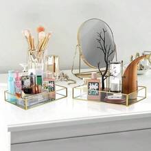 金色金属边框矩形玻璃托盘，简约铁艺储物盘，适用于客厅、餐厅、浴室、化妆品和珠宝 - 金色 - 查看 4