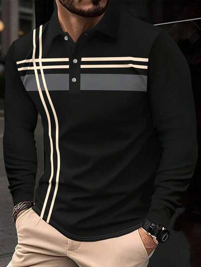 1 pieza Camisa polo de manga larga con botones y cuello estampado de unicolor casual para hombre, adecuada para primavera y otoño