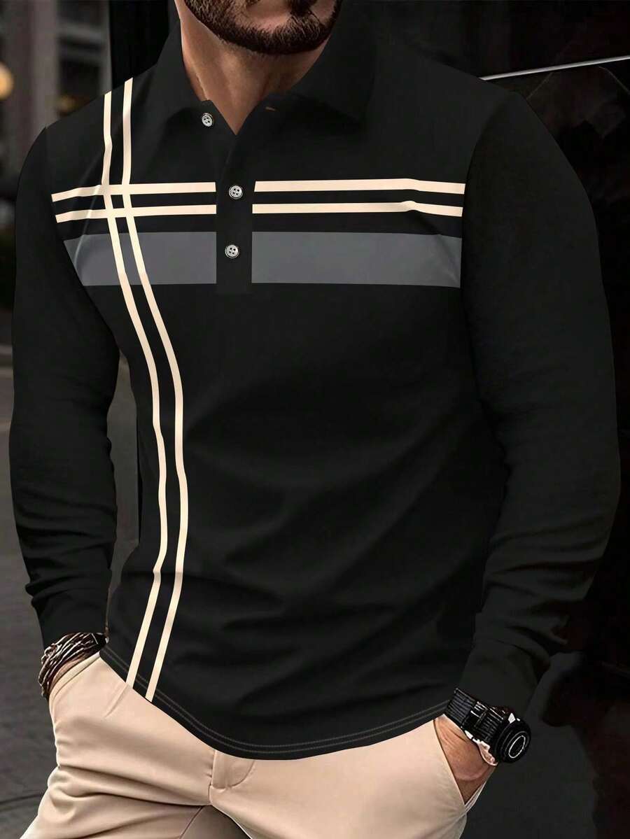 1 件男士休闲纯色印花纽扣领长袖 Polo 衫，适合春秋季节 - 黑色 - 查看 1