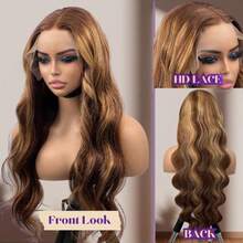 13x6 高清蕾丝前假发 P4/27 挑染波浪蕾丝前假发，混合真人发质，预拔婴儿发，200% 密度渐变棕色和蜂蜜金色混合真人发质假发，适合，24 英寸可拉直并重新造型，如同您自己的头发