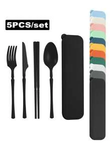 Set de 5 piezas de cubiertos portátiles de plástico con cuchillo, tenedor, cuchara, palillos y 1 caja de almacenamiento, adecuado para acampar al aire libre, picnic, trabajo y uso diario en la escuela