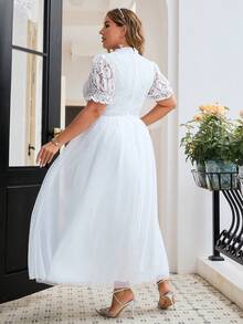 Simplee Women's Spring/Summer New Elegant Lace Contrast Mesh Flare Hem Bridal Dress - White - View 6