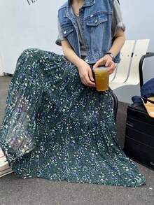 EARO 女式海军蓝碎花 A 字裙，高腰休闲宽松度假优雅设计拼布喇叭裙，春秋 - 墨綠色 - 查看 4