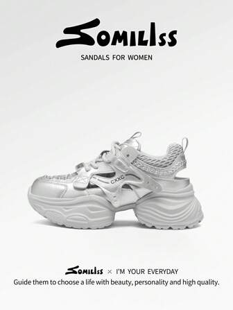 somiliss 1双女士休闲运动凉鞋，系带镂空透气时尚平底沙滩鞋，防滑轻便舒适户外步行鞋，增高6cm，夏季新款厚底银色