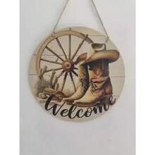 [1pc Rustic Cowboy Sign] Rustic 1pc Cowboy Welcome Sign | Round Wooden Wall Decor With Cowboy Boots, Cactus & Lasso Design, Ideal For Porch & Home, Charming Country Style Gift, Cowboy Hat