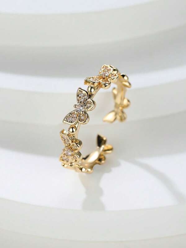 1pc Open Copper Metal Cubic Zirconia Butterfly Shaped Open Ring, Suitable For Women Daily Wear, Gift