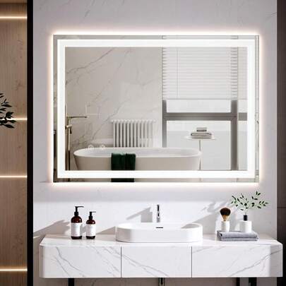 Espejo de baño con iluminación, espejo LED con 3 colores de luz, regulable, vidrio templado a prueba de explosiones, interruptor táctil, función de memoria, antivaho, espejo de baño con luz